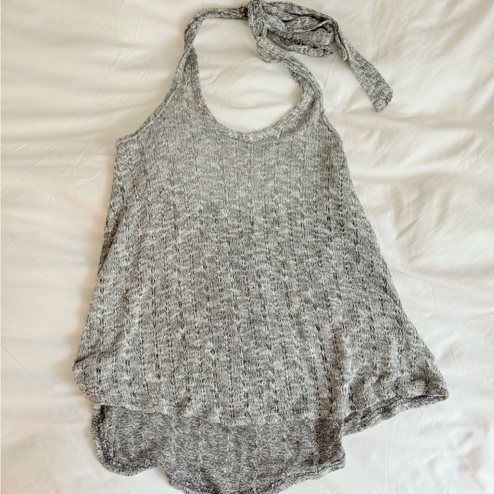 Women’s M boho Gray Halter crochet adjustable neck: Y2K beach vacation summer